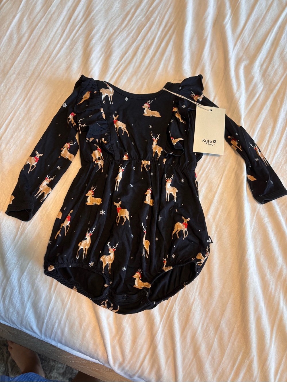 Kyte BABY Black Reindeer-Print Long Sleeve One-Piece